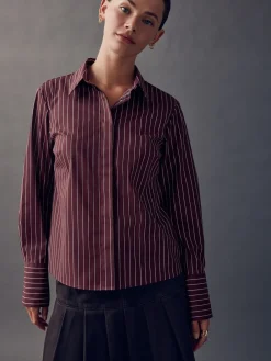 Bordeauxrood gestreept - Fitted Stretch Essential Long Sleeve Shirt*Next Clearance