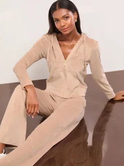 Bruin - Geborduurde Velours Joggingbroek met Wijde Pijpen en Relaxte Pasvorm*Lipsy