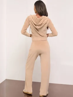 Bruin - Geborduurde Velours Joggingbroek met Wijde Pijpen en Relaxte Pasvorm*Lipsy