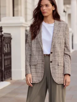 Bruin - N.Premium Check Linen Rich Single Breasted Blazer*Next Outlet