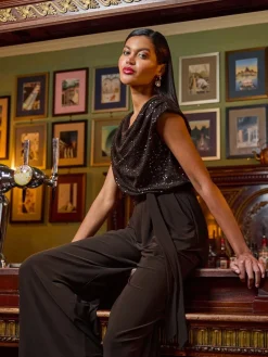 - Paillettenlijfje met Watervalhals Jumpsuit*Roman Clearance