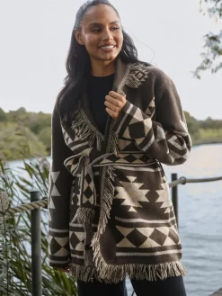 - Jacquard Wasit Tie Knitted Fringe Cardigan*South Beach Online