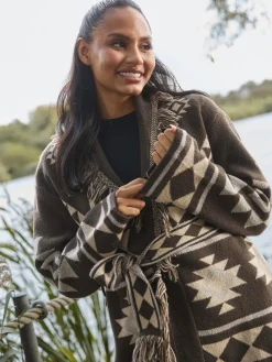 - Jacquard Wasit Tie Knitted Fringe Cardigan*South Beach Online