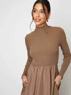 - High Neck 2 In 1 Jersey Poplin Mix Mini Dress*Threadbare Discount