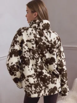 Bruin met koeprint - Borg fleece met korte rits*Next Outlet