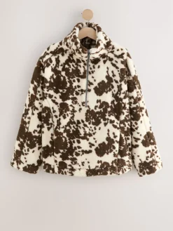 Bruin met koeprint - Borg fleece met korte rits*Next Outlet