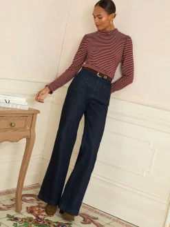 Burgundy Red And Beige Stripe - jersey top met ruches aan de hals en lange mouwen*Love & Roses