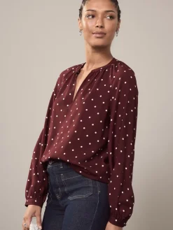 Burgundy Red Polka Dot - Blouse met V-hals en lange mouwen*Next Outlet
