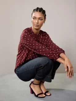 Burgundy Red Polka Dot - Blouse met V-hals en lange mouwen*Next Outlet