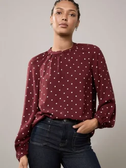 Burgundy Red Polka Dot - Blouse met V-hals en lange mouwen*Next Outlet