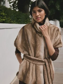 Camel - Faux Fur Tie Waisted Gilet*Next Outlet
