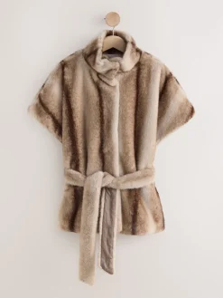 Camel - Faux Fur Tie Waisted Gilet*Next Outlet