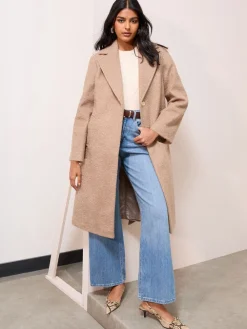 Camel - Bouclé midi-jas met riem en textuur*Friends Like These Sale