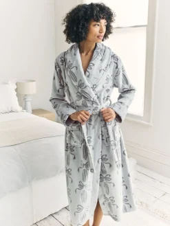 Fleece Burnout Ribbon Bow Long Dressing Gown*Chelsea Peers Clearance
