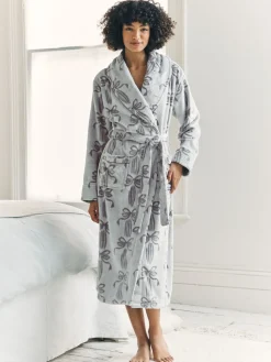 Fleece Burnout Ribbon Bow Long Dressing Gown*Chelsea Peers Clearance