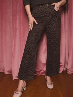 Chocolade Bruin Luipaard Print met fluweel - cropped jeans met wijde pijpen*Love & Roses Discount