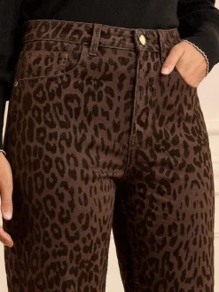 Chocolade Bruin Luipaard Print met fluweel - cropped jeans met wijde pijpen*Love & Roses Discount