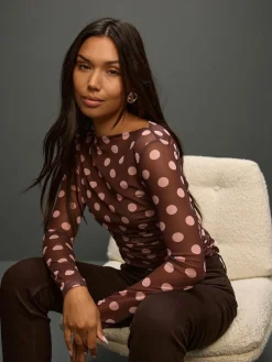Chocolade Bruin/Roze met stippen - Top met lange mouwen, gerimpelde zijkanten en mesh*Next New