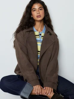 Chocoladebruin - Faux Suede Cropped Trench Coat*Next Sale