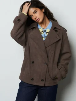Chocoladebruin - Faux Suede Cropped Trench Coat*Next Sale