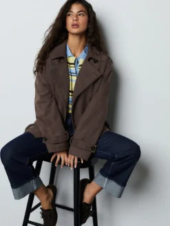 Chocoladebruin - Faux Suede Cropped Trench Coat*Next Sale