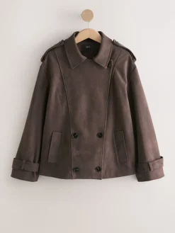 Chocoladebruin - Faux Suede Cropped Trench Coat*Next Sale