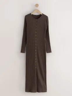 - Geribbelde midi-jurk met knoopsluiting en lange mouwen*Next Online
