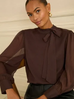 Chocoladebruin - blouse met lange mouwen en striksluiting*Love & Roses Clearance