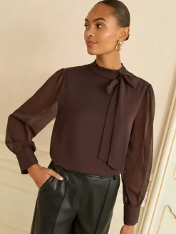 Chocoladebruin - blouse met lange mouwen en striksluiting*Love & Roses Clearance