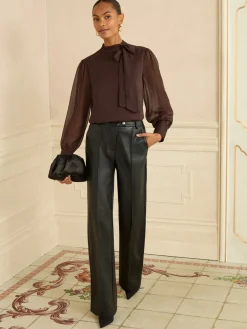 Chocoladebruin - blouse met lange mouwen en striksluiting*Love & Roses Clearance