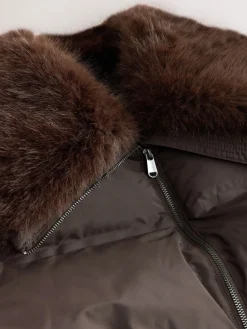 Chocoladebruin - Premium Longline Padded Coat with Faux Fur Collar*Next Best