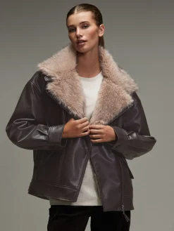 Chocoladebruin - PU Bomber Jacket with Faux Fur Trim*Next Discount