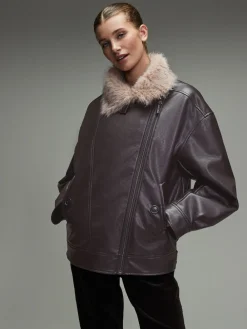 Chocoladebruin - PU Bomber Jacket with Faux Fur Trim*Next Discount