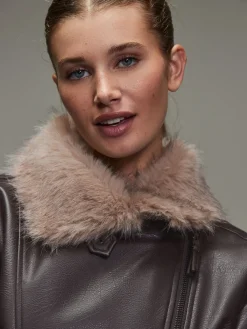 Chocoladebruin - PU Bomber Jacket with Faux Fur Trim*Next Discount