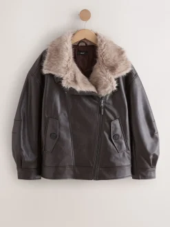 Chocoladebruin - PU Bomber Jacket with Faux Fur Trim*Next Discount