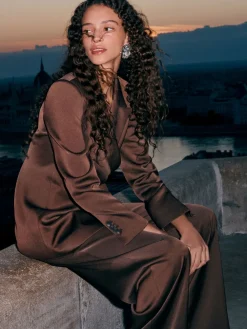 Chocoladebruin - Satijnen broek met wijde pijpen en elastiek in de achterkant*Next Online