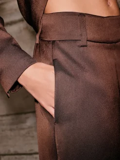 Chocoladebruin - Satijnen broek met wijde pijpen en elastiek in de achterkant*Next Online