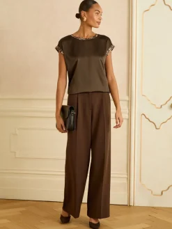 Chocoladebruin met dierenprint - Print Satin Front Jersey Back Crew Neck Blouse*Love & Roses Best