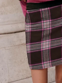 Chocolade/roze geruit - Minirok*Next