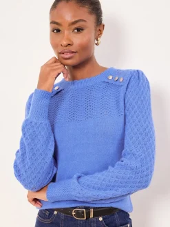 Cobalt Blue Buttoned - Pointelle Stitch Long Sleeve Crew Neck Knit Jumper*Lipsy