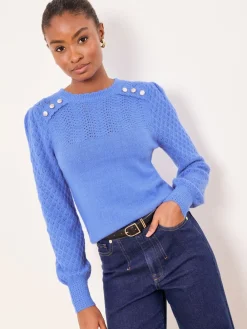 Cobalt Blue Buttoned - Pointelle Stitch Long Sleeve Crew Neck Knit Jumper*Lipsy