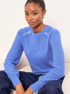Cobalt Blue Buttoned - Pointelle Stitch Long Sleeve Crew Neck Knit Jumper*Lipsy Outlet