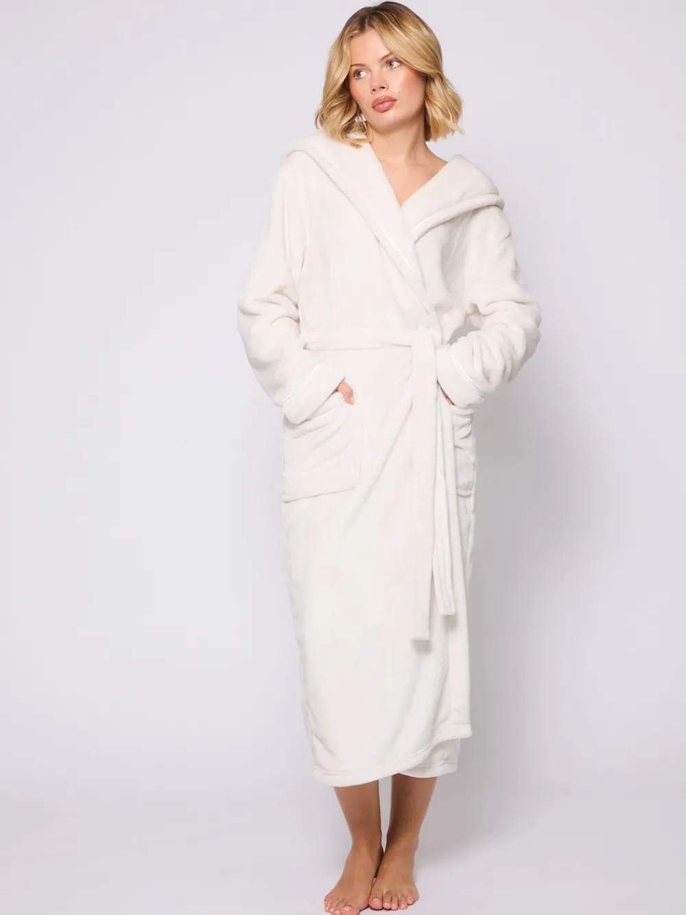 Crème - Christmas Ribbon Trim Luxury Fleece Hooded Maxi Robe*Loungeable Clearance