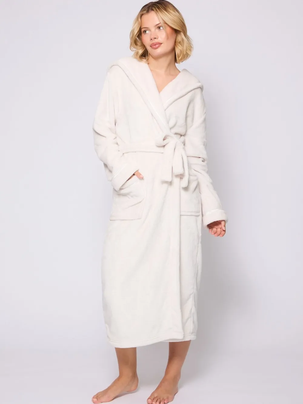 Crème - Christmas Ribbon Trim Luxury Fleece Hooded Maxi Robe*Loungeable Clearance