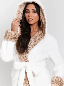 - Leopard Print Faux Fur Trim Midi Dressing Gown*Loungeable Clearance
