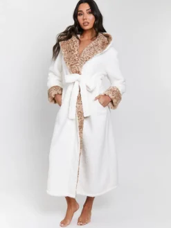 - Leopard Print Faux Fur Trim Midi Dressing Gown*Loungeable Clearance
