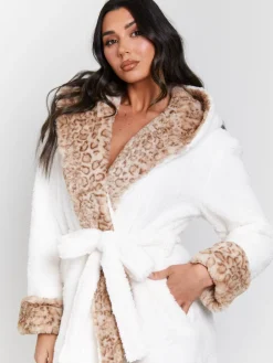 - Leopard Print Faux Fur Trim Midi Dressing Gown*Loungeable Clearance