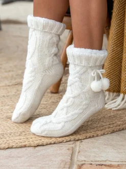 Crème - - Comfortabele gebreide pantoffelsok met kabelpatroon*Pour Moi Outlet