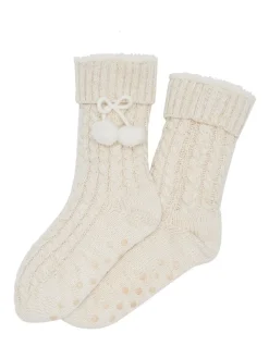 Crème - - Comfortabele gebreide pantoffelsok met kabelpatroon*Pour Moi Outlet