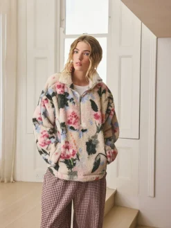 Crème gebloemd - Borg fleece met korte rits*Next Clearance